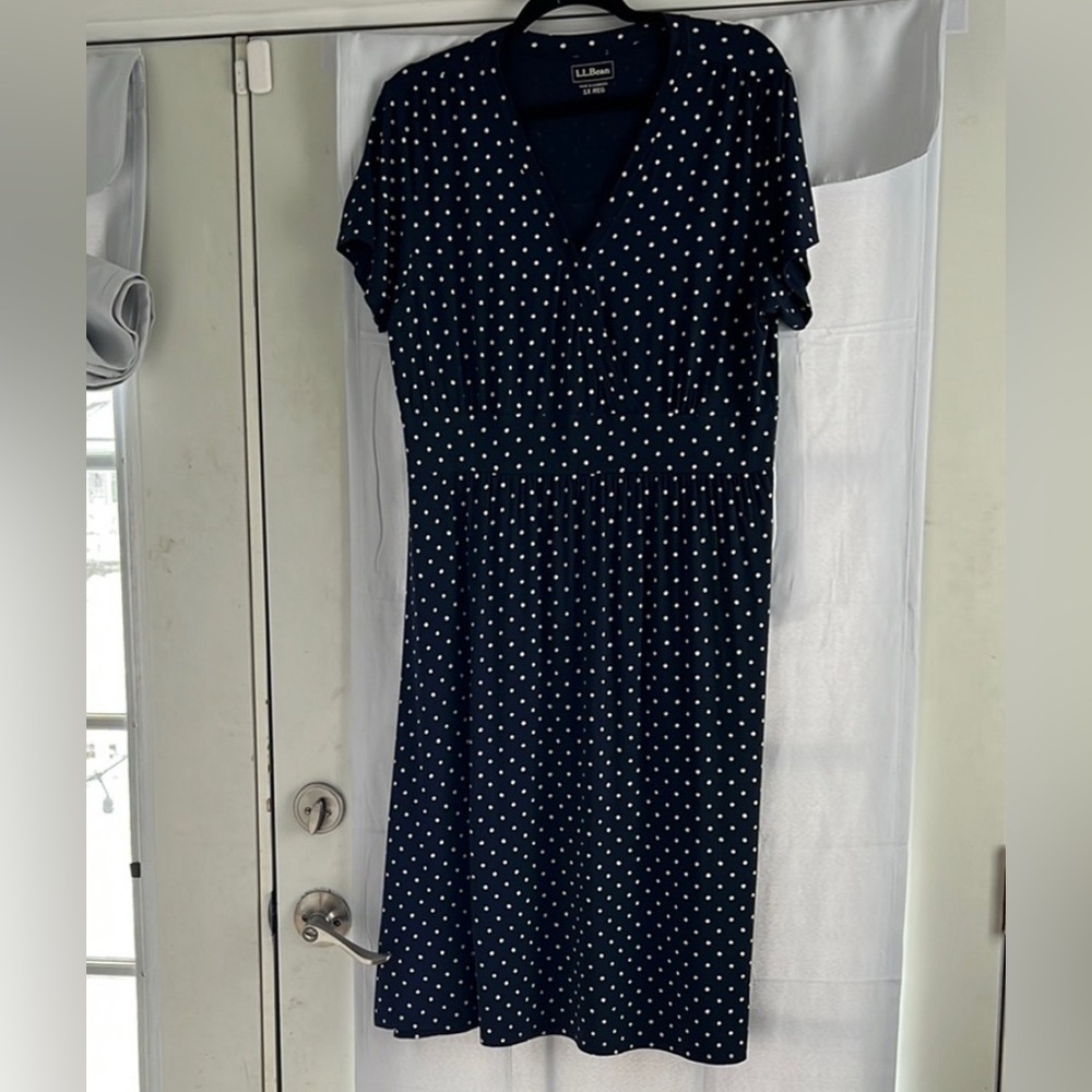 L.L. Bean Navy Blue Polka Dot Wrap Midi Dress - Picture 3 of 13